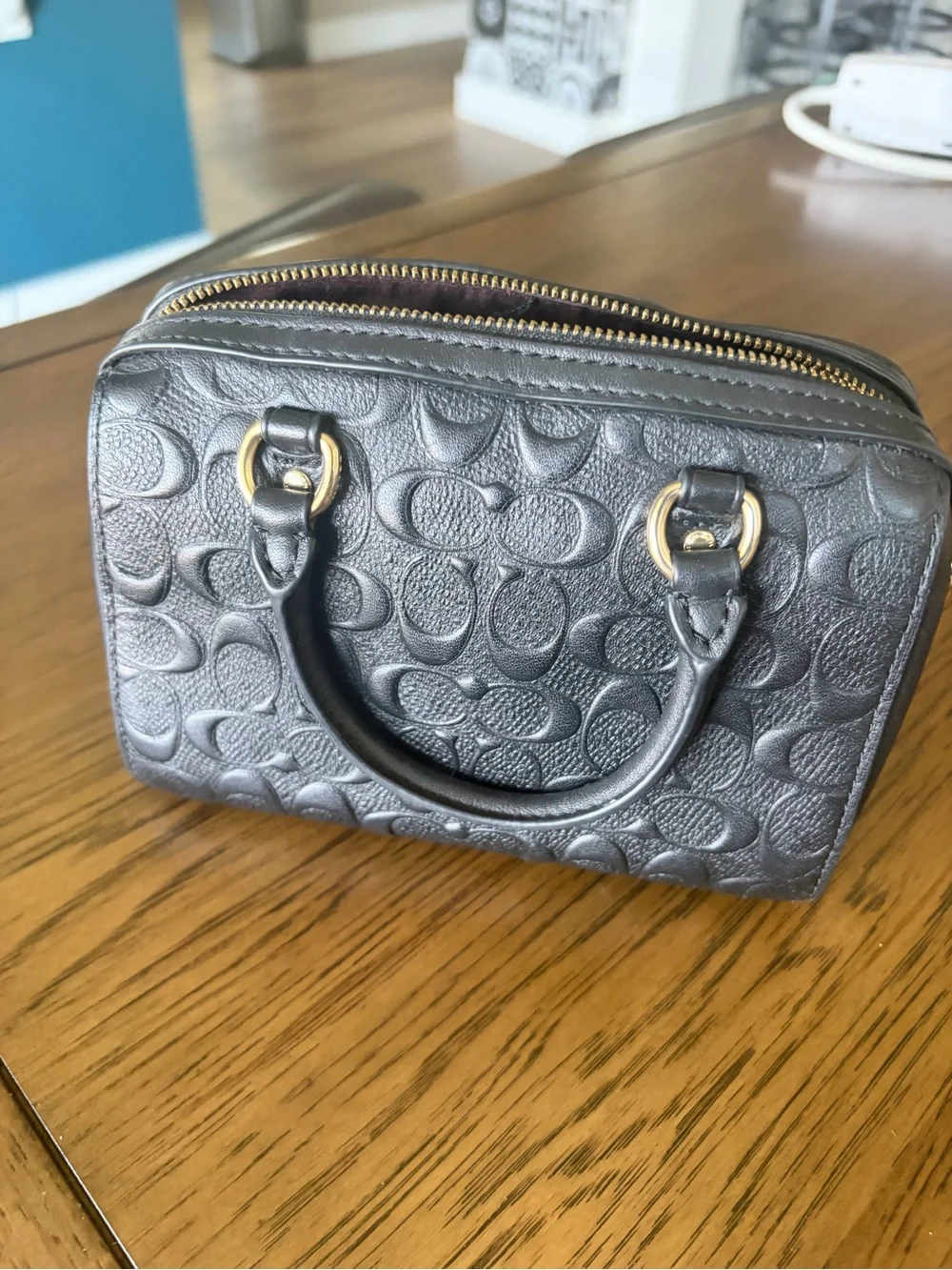 Coach Black Embossed Leather Mini Satchel with Gold Hardware and Charm
